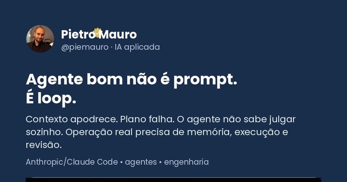 Card de Pietro Mauro sobre agentes de IA, contexto, planejamento e loops operacionais