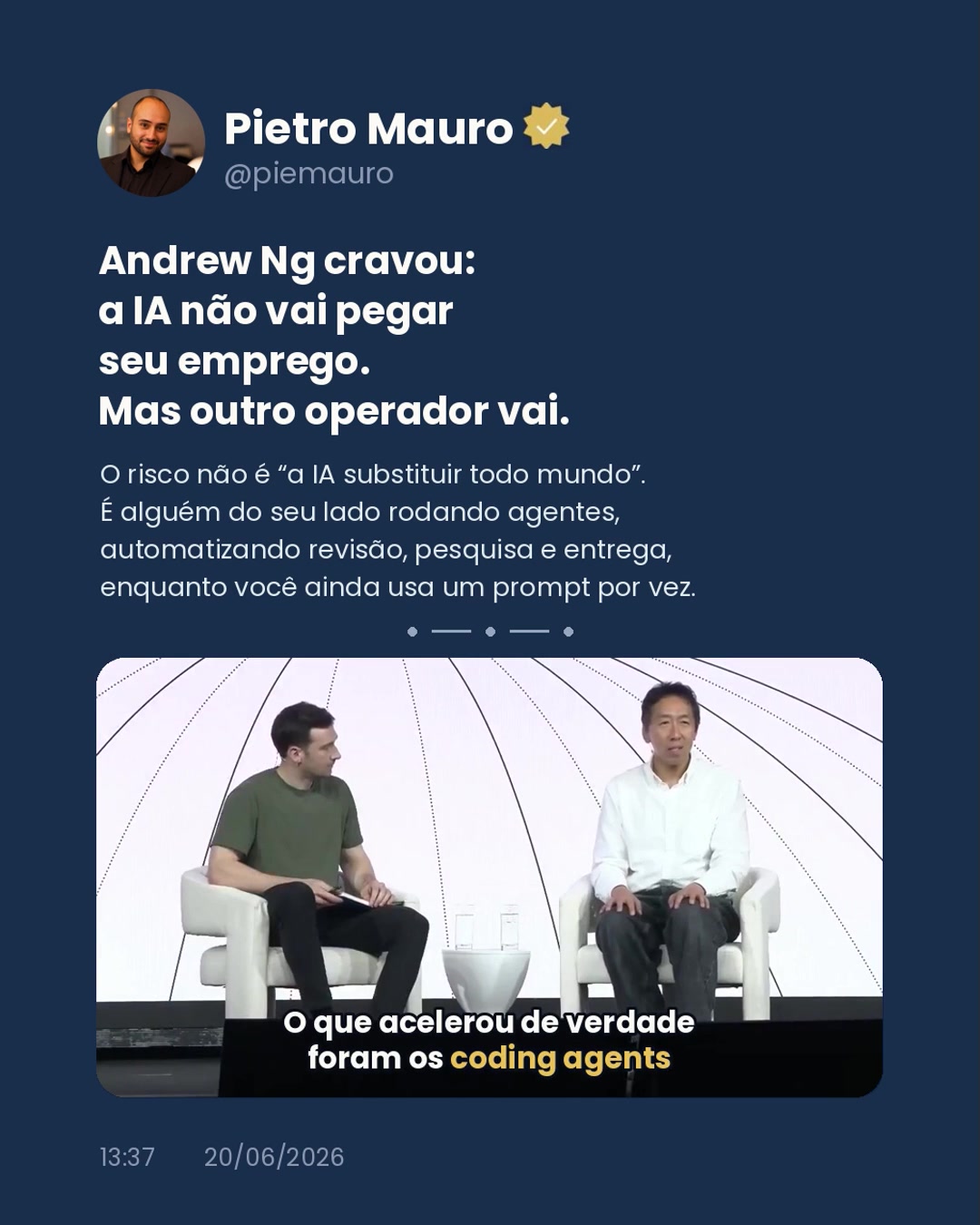 Card do Pietro Mauro sobre Andrew Ng, agentes de IA e o futuro do trabalho