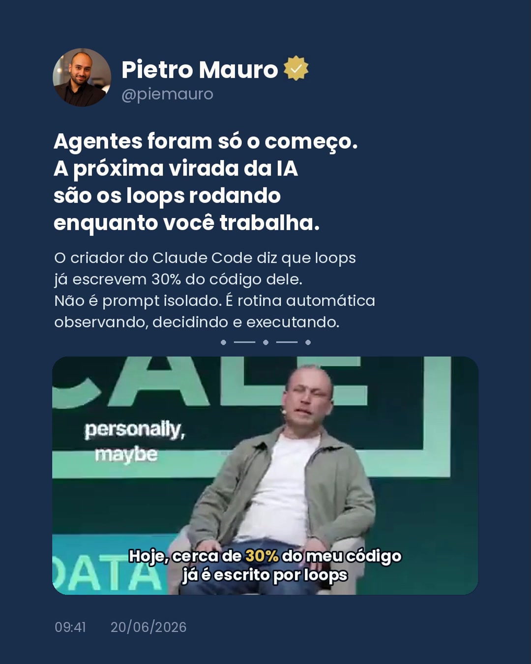 Card de Pietro Mauro sobre Claude Code e loops operacionais de IA
