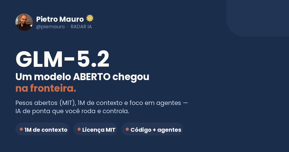 Card do post sobre o GLM-5.2 da Z.ai com os destaques do modelo aberto