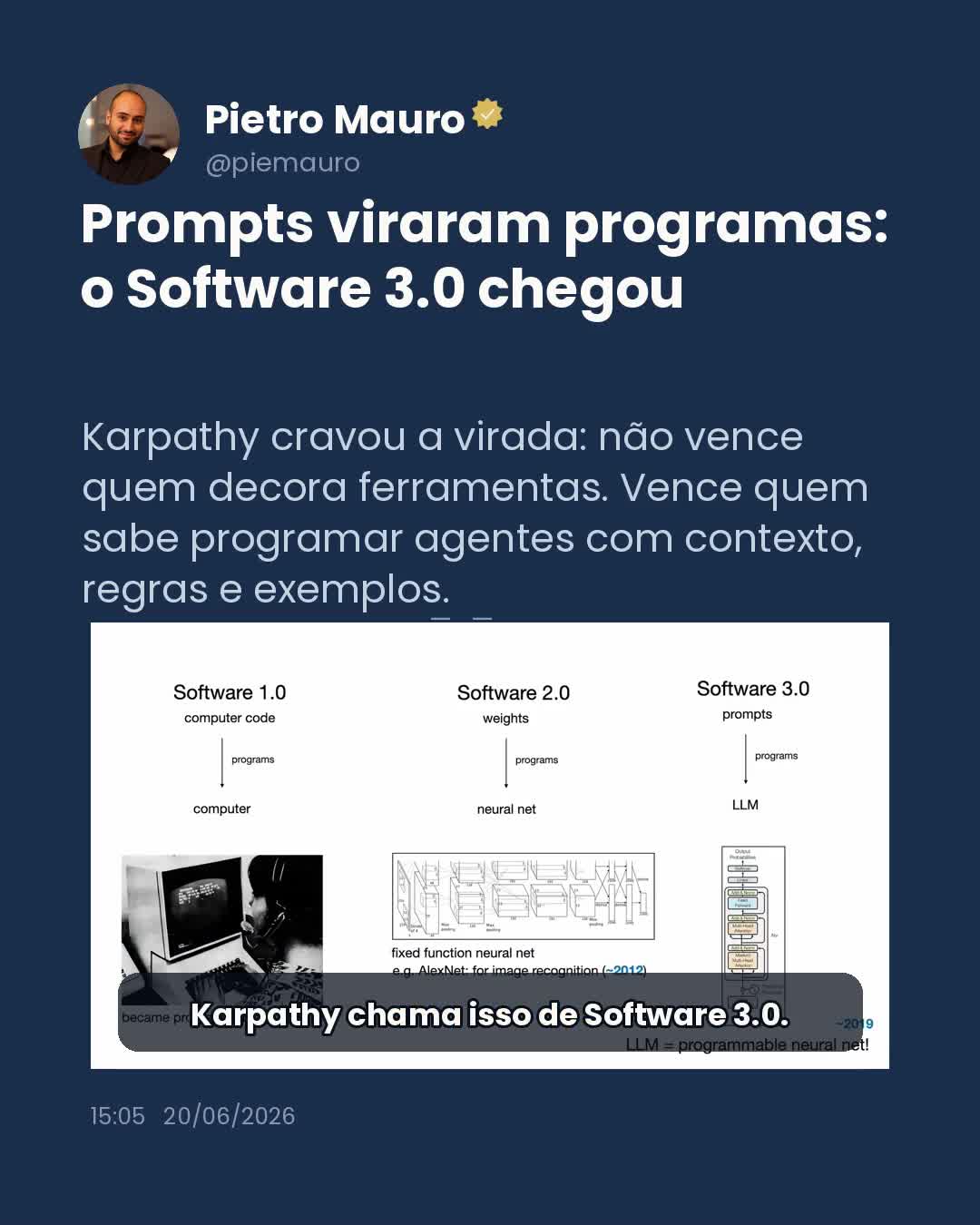 Card de Pietro Mauro sobre Software 3.0, Karpathy e prompts como programas